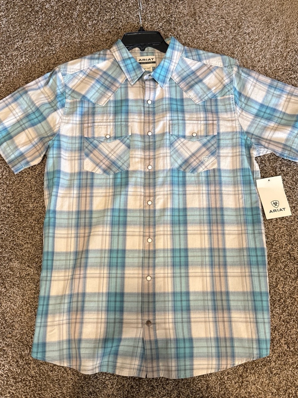 Ariat Short Sleeve Plaid Western Shirt - Teal & White